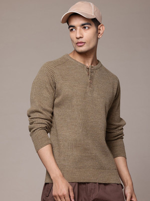 Roadster Self Design Round Neck Casual Men Brown Sweater
