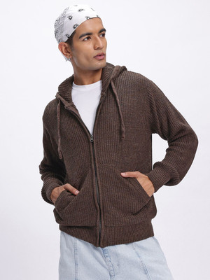 Glitchez Printed Hooded Neck Casual Men Brown Sweater
