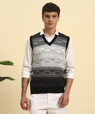 HERMISTON Colorblock V Neck Casual Men Black Sweater
