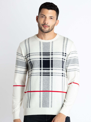 Status Quo Checkered Round Neck Casual Men White Sweater