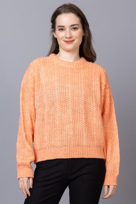 Wearlusso Solid Round Neck Casual Women Orange Sweater