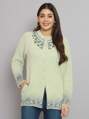 eWools Floral Print Collared Neck Casual Women Green Sweater