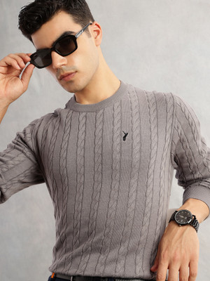 Thomas Scott Self Design Round Neck Casual Men Grey Sweater