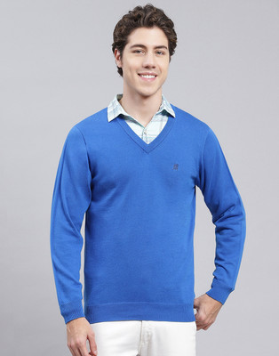 MONTE CARLO Solid V Neck Casual Men Blue Sweater