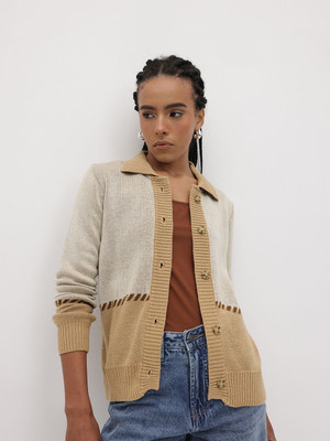 Roadster Self Design Peter Pan Collar Casual Women Beige Sweater