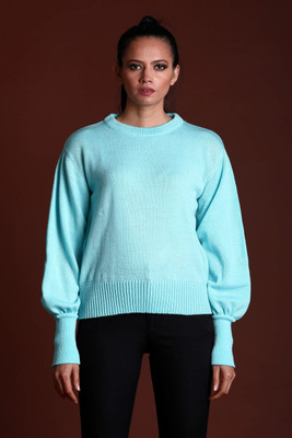 SALT ATTIRE Woven Round Neck Casual Women Blue Sweater