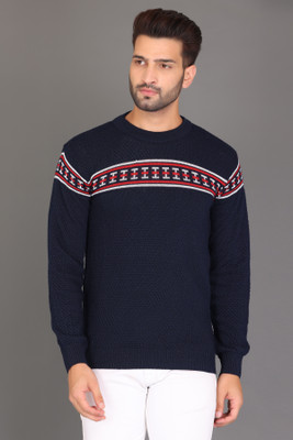DIVYAM COLLECTION Self Design Round Neck Casual Men Dark Blue Sweater
