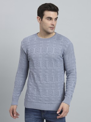 eWools Self Design Round Neck Casual Men Blue Sweater