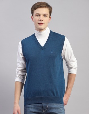 MONTE CARLO Solid V Neck Casual Men Blue Sweater