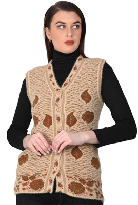 HITTIKA Floral Print V Neck Casual Women Beige Sweater