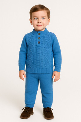 GTwo Self Design Round Neck Casual Baby Boys Blue Sweater