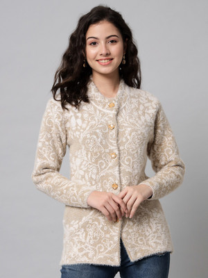 eWools Printed Round Neck Casual Women Beige Sweater