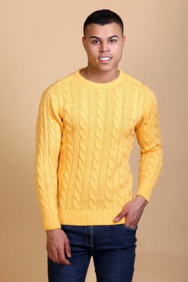 DZANT Self Design Round Neck Casual Men Yellow Sweater