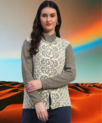 GRAND MALBORK Printed Mandarin Neck Casual Women Grey, White Sweater