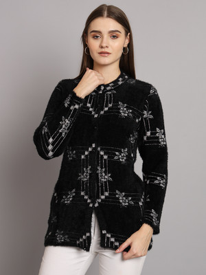 eWools Floral Print Round Neck Casual Women Black Sweater