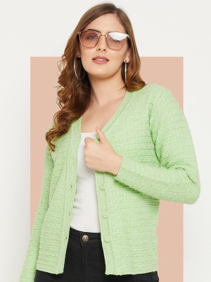 Zigo Self Design V Neck Casual Women Green Sweater