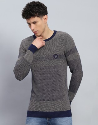 MONTE CARLO Self Design Round Neck Casual Men Blue Sweater