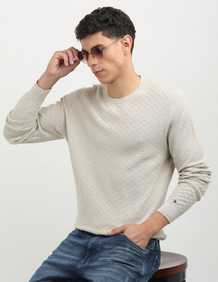 TOMMY HILFIGER Self Design Crew Neck Casual Men Grey Sweater