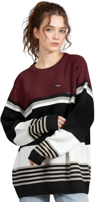 WAY TO TRENDY Striped Round Neck Casual Women Maroon Sweater
