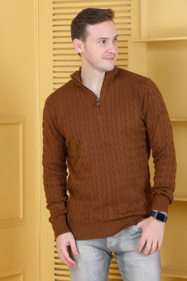 DZANT Solid Turtle Neck Casual Men Brown Sweater