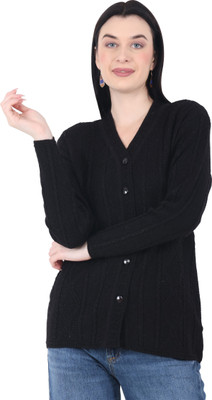 HITTIKA Self Design V Neck Casual Women Black Sweater