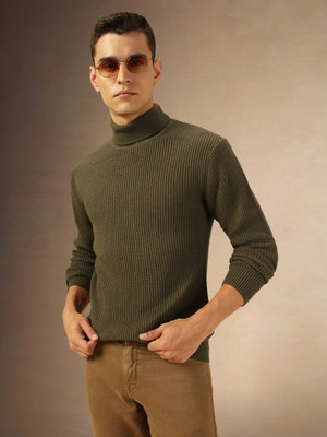 Dennis Lingo Solid Turtle Neck Casual Men Green Sweater