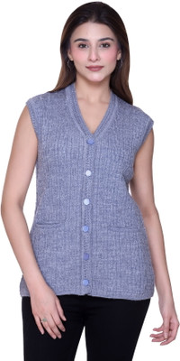aarbee Self Design V Neck Casual Women Light Blue Sweater
