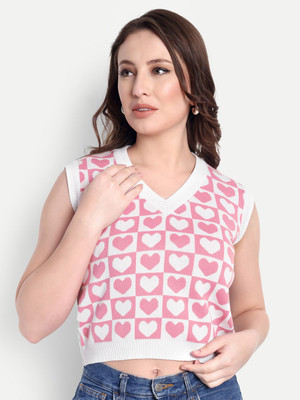 Aarnits Self Design V Neck Formal Women Pink Sweater