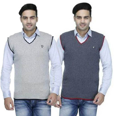 Shunit creation Self Design V Neck Formal Men Grey Sweater