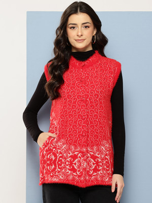 METRONAUT Self Design Round Neck Casual Women Red Sweater