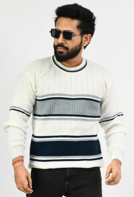 manra Striped Round Neck Casual Men White Sweater