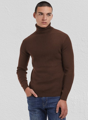 LIME Solid Turtle Neck Casual Men Brown Sweater