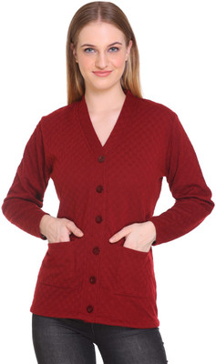 LE ARC Solid V Neck Casual Women Maroon Sweater