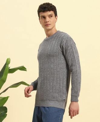 HERMISTON Self Design Round Neck Casual Men Grey Sweater