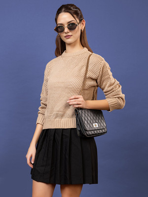 CHEMISTRY Solid Round Neck Casual Women Beige Sweater