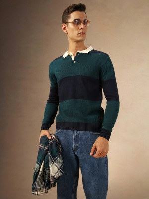 Dennis Lingo Striped Collared Neck Casual Men Green Sweater