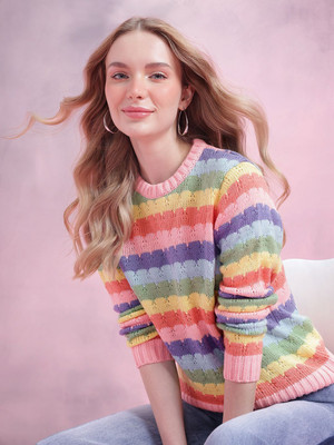 Dressberry Self Design Round Neck Casual Women Multicolor Sweater