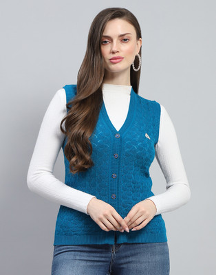 MONTE CARLO Self Design V Neck Casual Women Light Blue Sweater