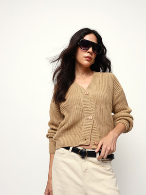 High Star Solid V Neck Casual Women Beige Sweater