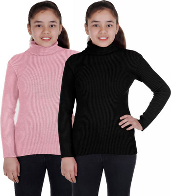 100LUCK Self Design High Neck Casual Boys & Girls Pink, Black Sweater