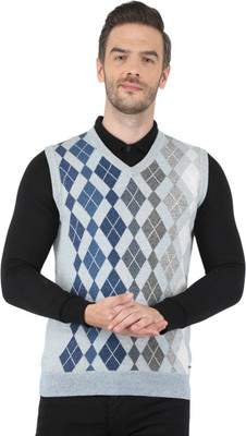 MONTE CARLO Self Design V Neck Casual Men Blue, Grey Sweater
