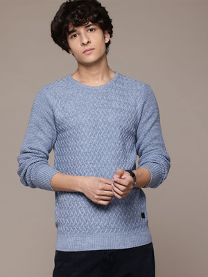 Roadster Self Design Round Neck Casual Men Green Sweater