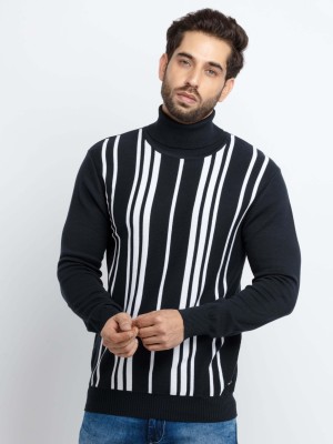 Status Quo Striped High Neck Casual Men Black Sweater