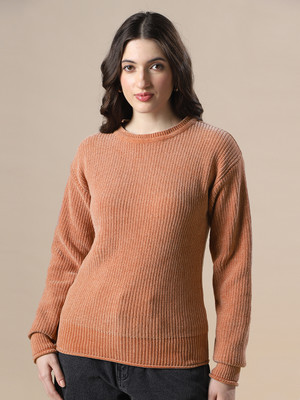 Globus Self Design Round Neck Casual Women Maroon Sweater