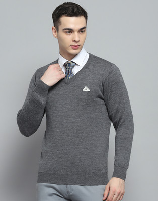 MONTE CARLO Solid V Neck Casual Men Grey Sweater