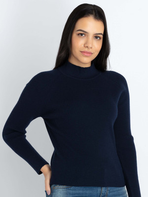 Status Quo Solid Turtle Neck Casual Women Blue Sweater