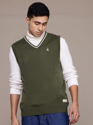 Roadster Self Design V Neck Casual Men Green Sweater