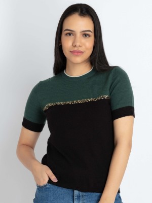 Status Quo Self Design Round Neck Casual Women Green Sweater