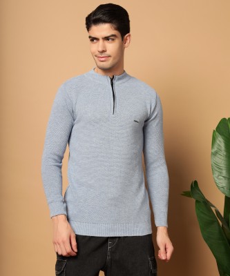 Brayles Solid Mandarin Neck Casual Men Light Blue Sweater