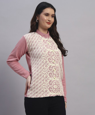 QUIN FLETCHER Printed Mandarin Neck Casual Women Pink Sweater